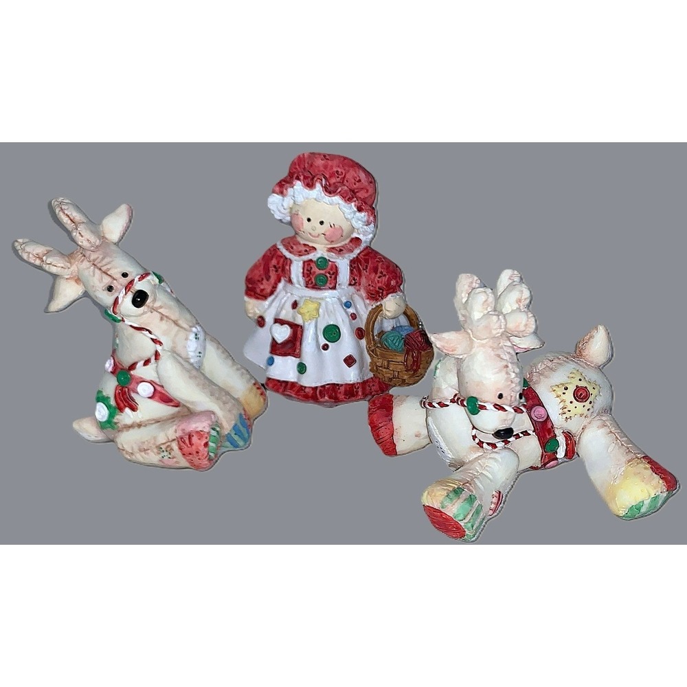3 Enesco Mary Rhyner "Cute as a Button" Reindeer / Mrs. Claus Figurines Vtg 1993